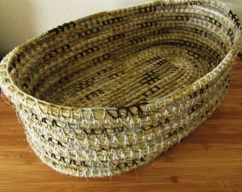 sisal basket, coiled rope basket, sisal rope, rope basket, oval basket, crochet basket, country centerpiece, rustic tray, barn wedding decor