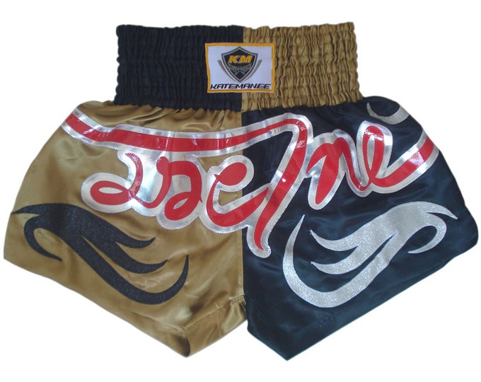Muay Thailand Boxing Shorts for Training and Sparring Boxing Trunks Martial Arts - BLACK/GOLD