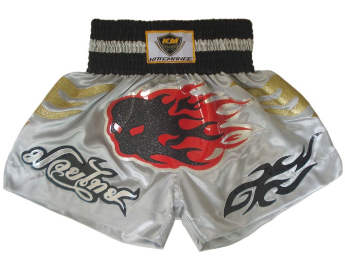 Muay Thailand Boxing Shorts for Training and Sparring Boxing Trunks Martial Arts - WHITE DEVIL