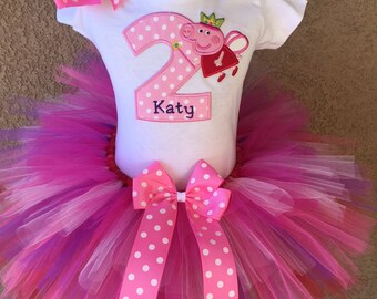 Peppa Pig Birthday Tutu Outfit Dress Set Handmade 1st 2nd 3rd in Pinks Red and Purple
