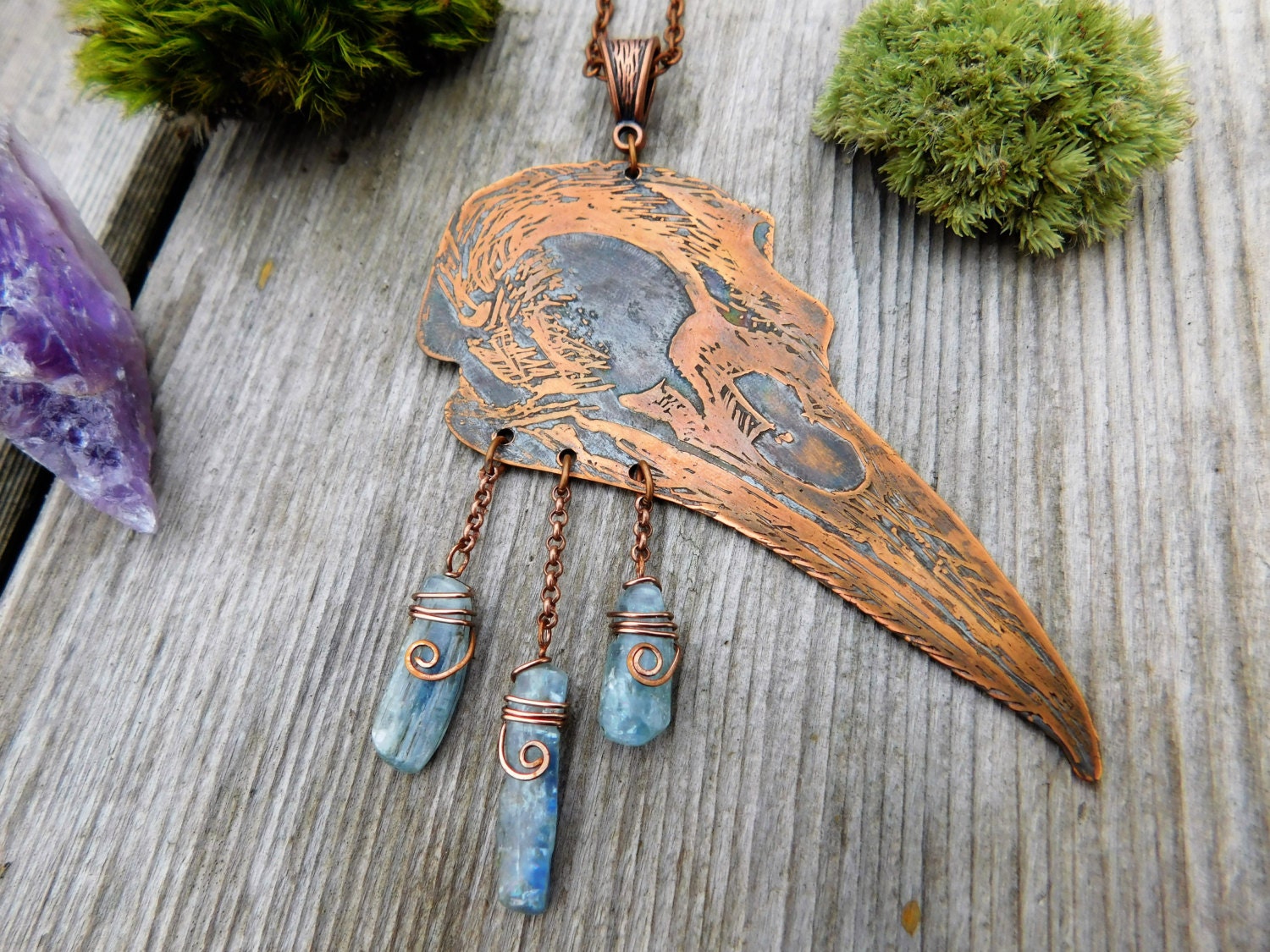 Etched Copper Crow Skull Pendant Wire Wrapped by
