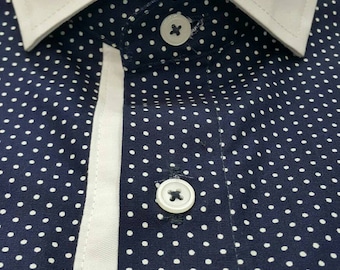 Men Polka Dot Shirt Blue with White Button Down Casual