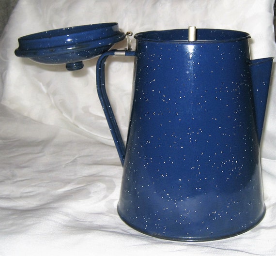 Stove Top Coffee Pot Blue Speckled Enamel 10 by PearlsVintagebyPam
