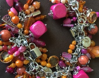 Vintage Beaded Cha Cha Charm Bracelet Oranges and Pinks