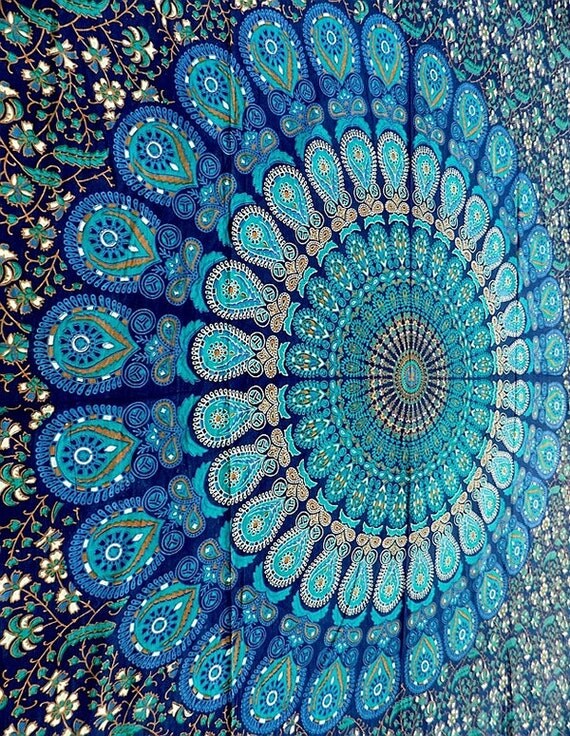 Blue Mandala Cotton Fabric Tapestry Hippie by FabricSarmaya