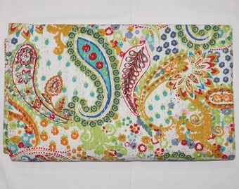 Paisley White Kantha stitched bedspread Queen Size