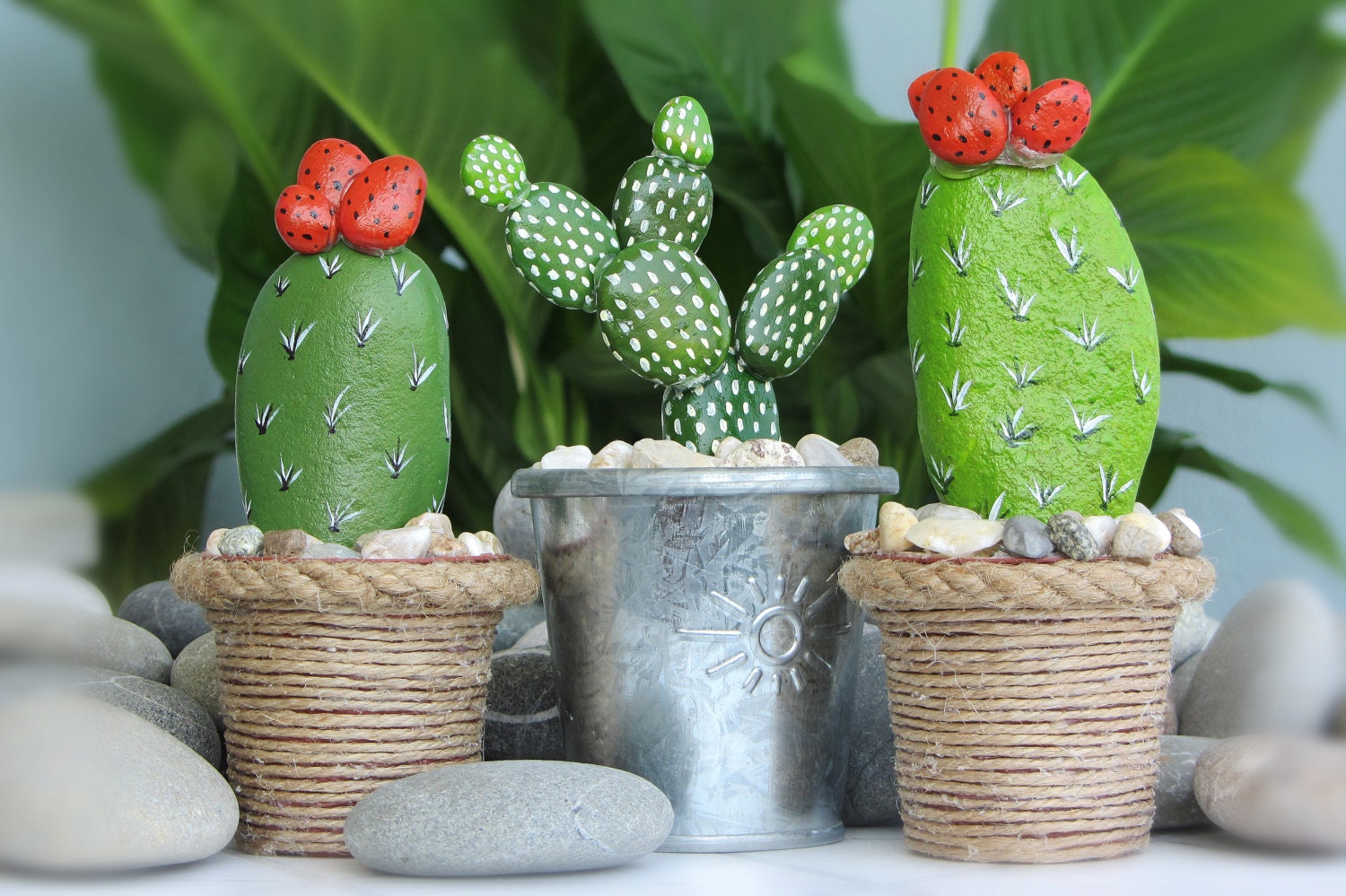 Stone cactus in flowerpot 3 piece handmade by CanitinLivingStones