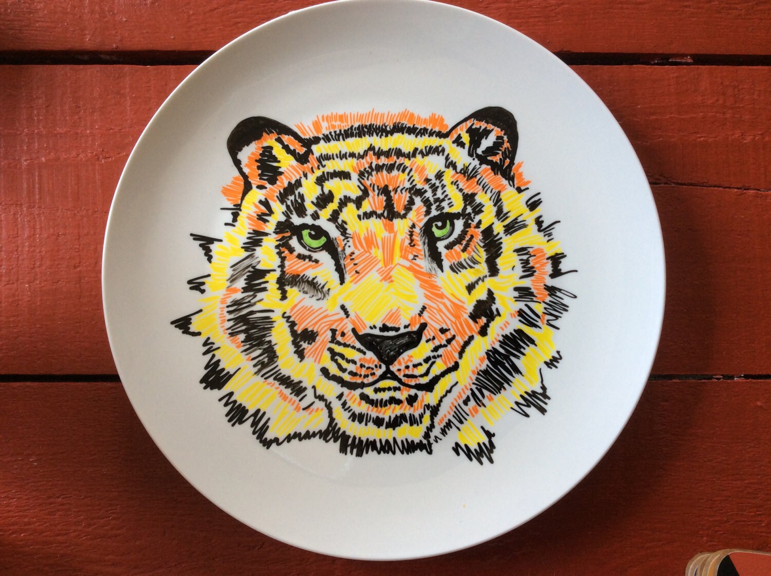 Porcelain sharpie painted plate Tiger by EhfarStore on Etsy