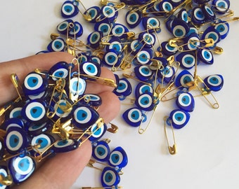 Tiny evil eye safety pins - 100 pcs - resin evil eye beads - nazar boncuk - turkish evil eye - wedding favors - greek evil eye