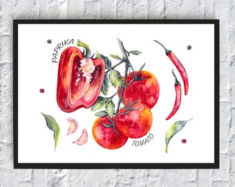 Kitchen wall art vegetables printable paprika tomato watercolor print kitchen decor art print home poster red
