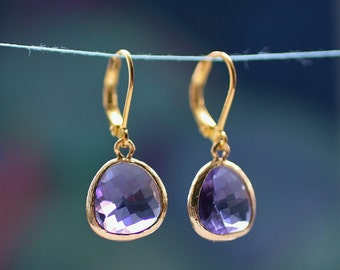 purple glass earrings, purple earrings, amethyst glass earrings, purple and gold earrings, glass stone earrings, purple stone earrings
