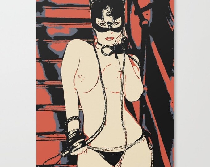Erotic Art Canvas Print - Meow! Naughty Cat Girl 2, unique sexy pop art style print, Catwoman in BDSM, bondage, sensual high ...