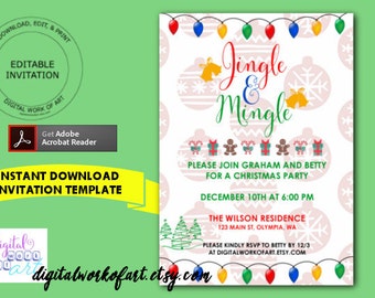 Christmas Party Invitation Template, Jingle and Mingle, Home, Office, Christmas Party Invitation, invitation template, Printable, digital
