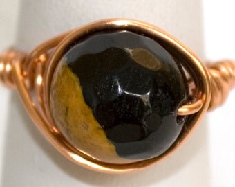 Agate ring, fire agate ring, agate jewellery, copper and agate ring, black and orange agate ring, statement ring, wire Agate ring,