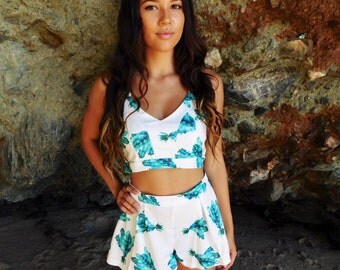 SALE Two Piece White High Waist Shorts and Top