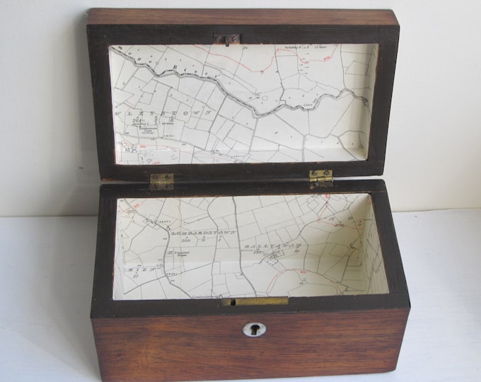 Antique Georgian wooden tea caddy, Victorian rosewood veneered tea caddie, trinket jewelry box, desk tidy storage box, old map of Dublin