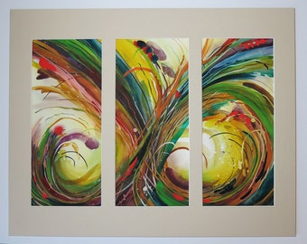 Attractive Abstract Watercolor Triptych. Original Artwork with custom Mat.