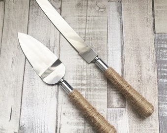Cake Knife & Server Set, Plain Twine, Rustic Wedding Cake Knife Set, Vintage Wedding Cake Knife Set, Cake Knife and Server Set