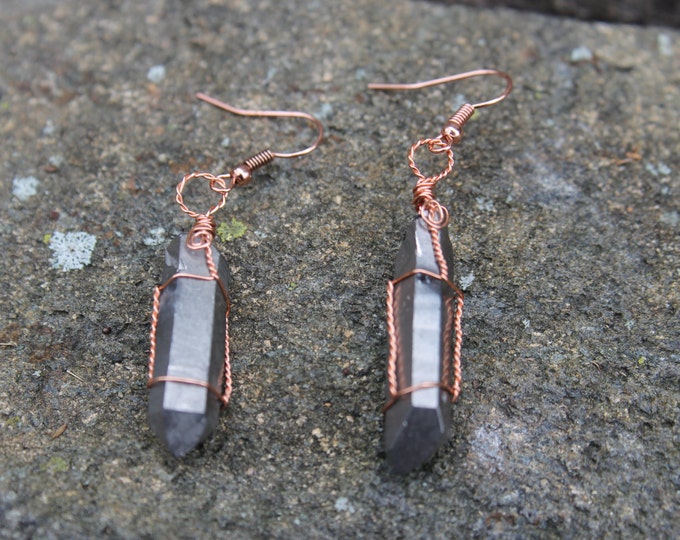 Metallic Coated Crystal Tip Earrings Wire Wrapped in Twisted Copper, Silver Color Jewelry, Dangle and Drop Earrings, Handmade Gift for Her