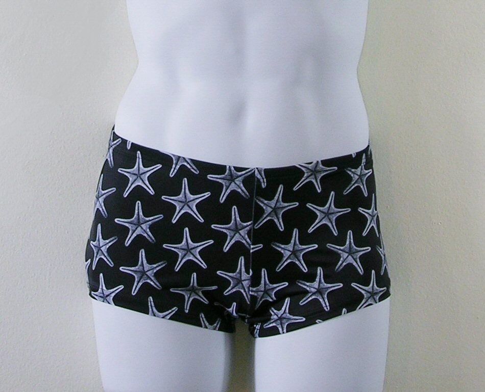 Mens Low Rise Square Cut Swimsuit in Black and White Starfish