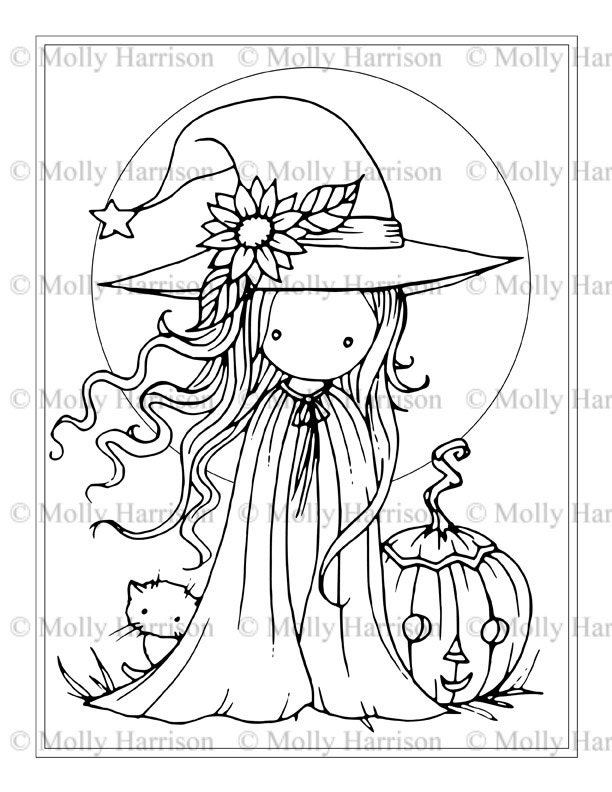 Download Tiny Witch and Cat Coloring Page Printable Whimsical Fun