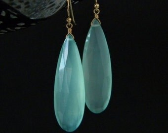Long Faceted Aqua Blue Chalcedony Teardrop Earrings