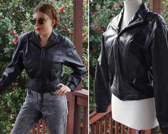 Midight RIDE 1980's 90's Vintage Black Leather Motorcycle Jacket with Cinch Waist // by BYRNES & Baker // size Medium // Zippers
