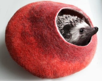 Cat / Nap Cocoon / Cave / Bed / House / Vessel - Hand Felted Wool - Crisp Contemporary Design - READY TO SHIP Warm Orange Red Bubble