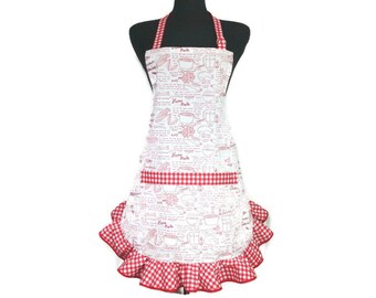 Chicken Soup Recipe on Retro Style Apron with Red and White Check Ruffle
