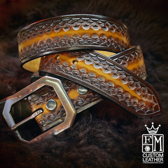 Brown Leather Belt Custom Sunburst finish Hand Tooled made for YOU in New York City by Freddie Matara