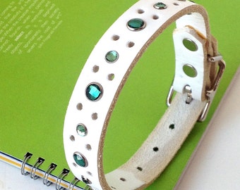 White Leather Dog Collar with Emerald Green Crystals for Small Dog, to fit a 9-12 Neck, OOAK