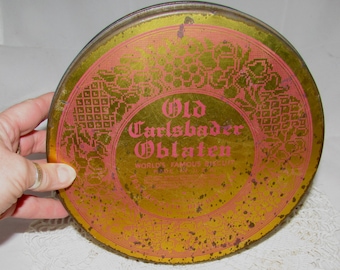 Vintage Old Carlsbader Oblaten Biscuit Round Tin Box , Transatlantic Biscuit Co, New York, 40s, storage container, metal box, gold, red