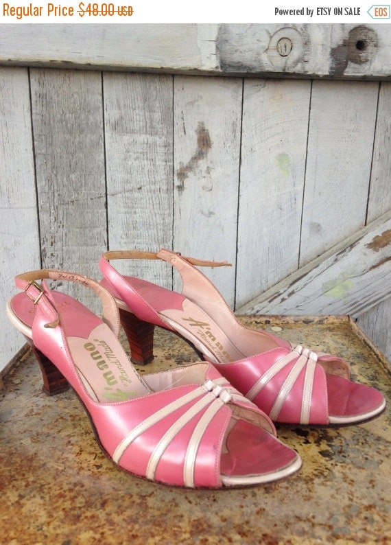 1950s pink striped heels 50s slingback sandals size 7 Vintage summer shoes