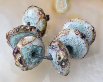 Crusty Lampwork Beads , Rustic Glass Lampwork Beads , Raku, Copper Green, Turquoise