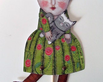 adult paper doll puppet diy mixed media folk art home decor fun silly quirky woman with chameleon