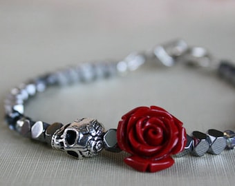Women's Skull Bracelet, Skull Jewelry, Beaded Bracelets, Sugar Skull, Skull, Dia De Los Muertos, Valentines Bacelet, Valentines Day Gift