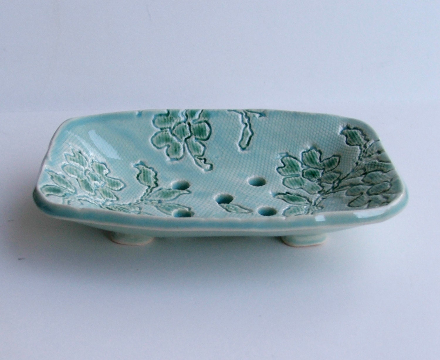 Ceramic Soap Dish Footed Handmade Green Lacy Flower