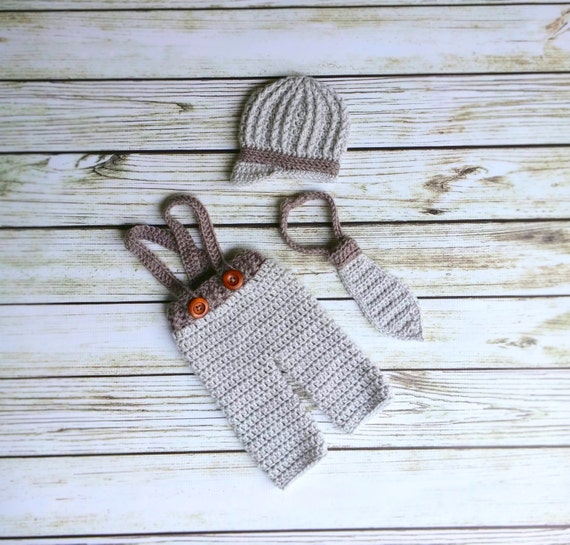 Crochet Baby Pants with Suspenders Newsboy Hat Neck Tie