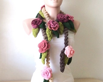 Flower Wool Necklace, Rose Lariat, Spring Crochet Scarf