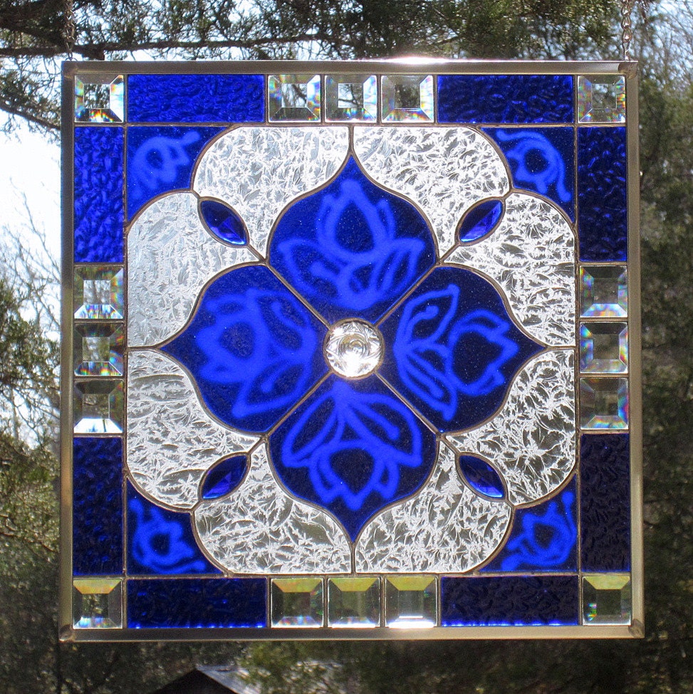 Cobalt Blue Stained Glass Beveled Panel by LivingGlassArt on Etsy