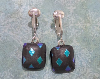 Dangle Clip Earring, Black and Aqua Blue, Non Pierced Earrings. Clip Ons, Fused Glass Jewelry, Handmade - Minco --6