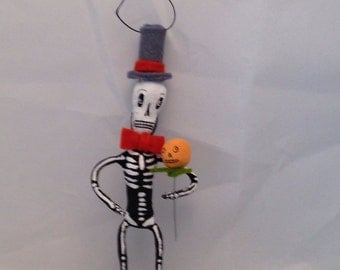 Spun cotton Halloween skeleton feather tree decoration by maria paula