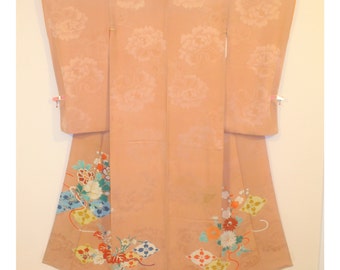Pink Peony - Antique Japanese Silk Kimono Semi Formal Single Crested Irotomesode Women Silk