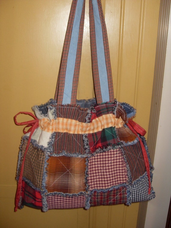 Ready to Ship rag quilt purse homespun and denim hobo gypsy