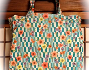 Japanese Tote Bag, Yagasuri Arrows and Sakura Blossoms TIGHT 'N' TIDY Tote Bag, Reusable Folding Shopping Bag, Blue White Pink Yellow Green
