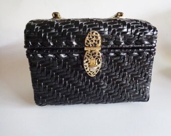 Vintage Marcus Brother made in British Crown Colony of Hong Kong black woven vinyl wicker box bag with metal handles