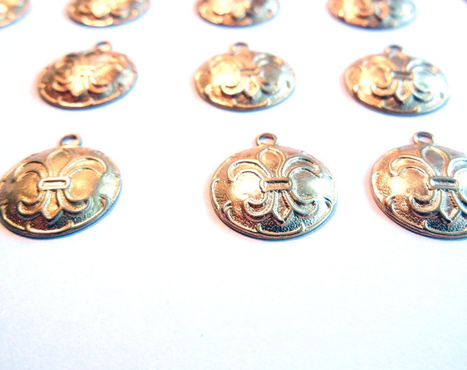 24 Small Round Brass Fleur de Lis Charms