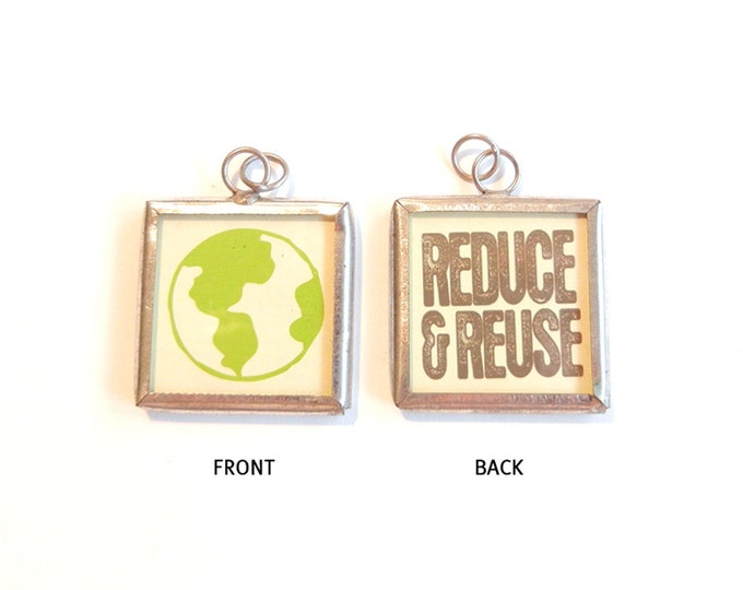 1 Pendant: Reduce & Reuse with Earth Image Charm in Metal Frame Under Glass Recycle