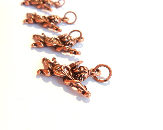 4 or 2 Pairs of Copper-tone Angel Cupid Charms Playing Mandolin Dimensional