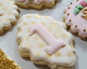 Gold blush pink and ivory 1st Birthday sugar cookies - customizable monogram cookies - 1 dozen